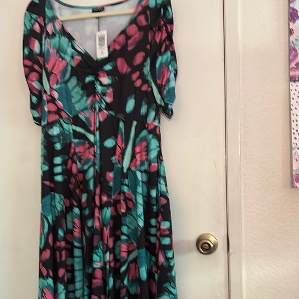 Torrid Blue and Green Maxi Sundress with ruched Sleeves